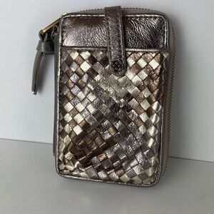Metallic Woven Leather Zip Around Credit Card Wallet